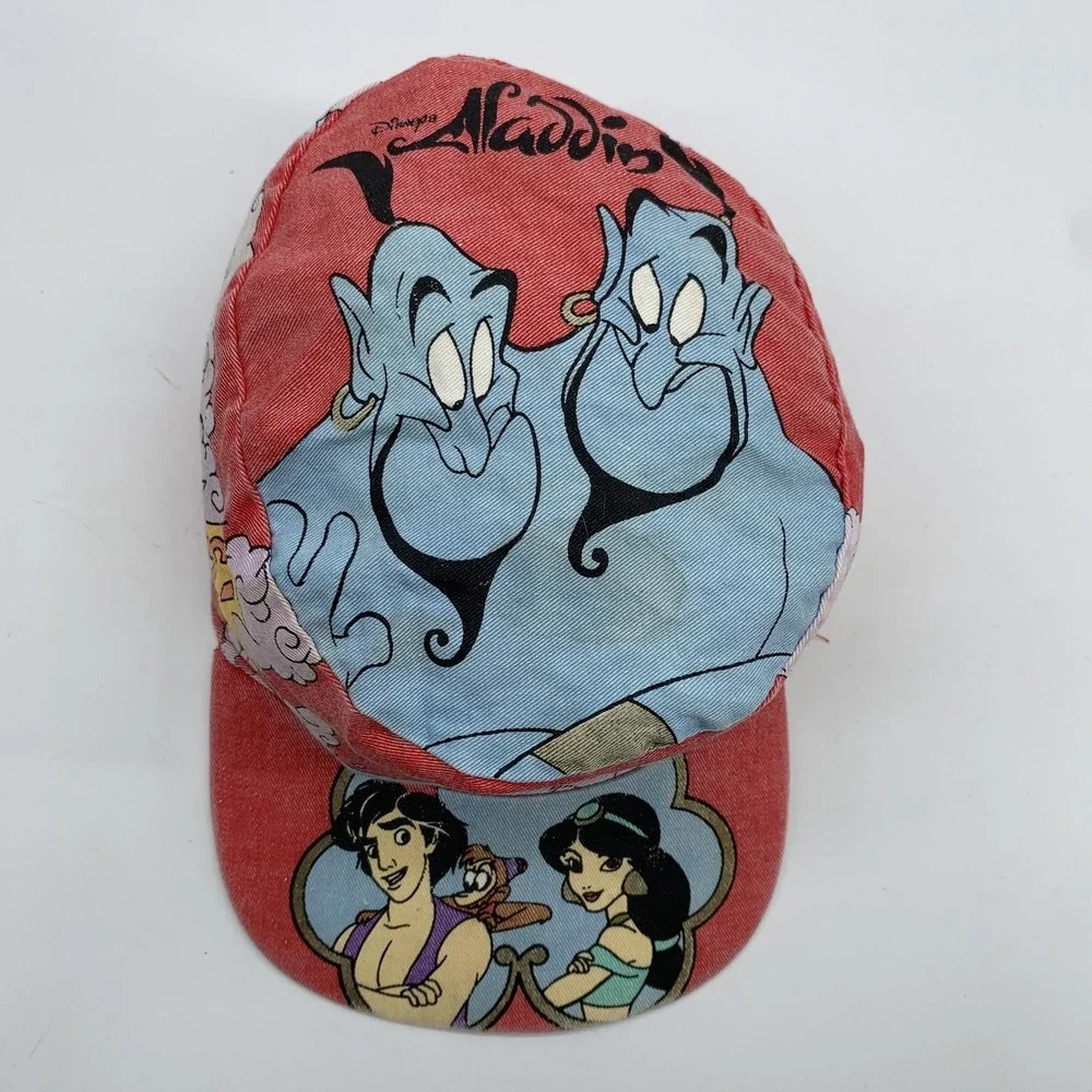 Vintage Disney Aladdin Genie Jasmine Hat Army Cap Boys One Size Red Denim 90s